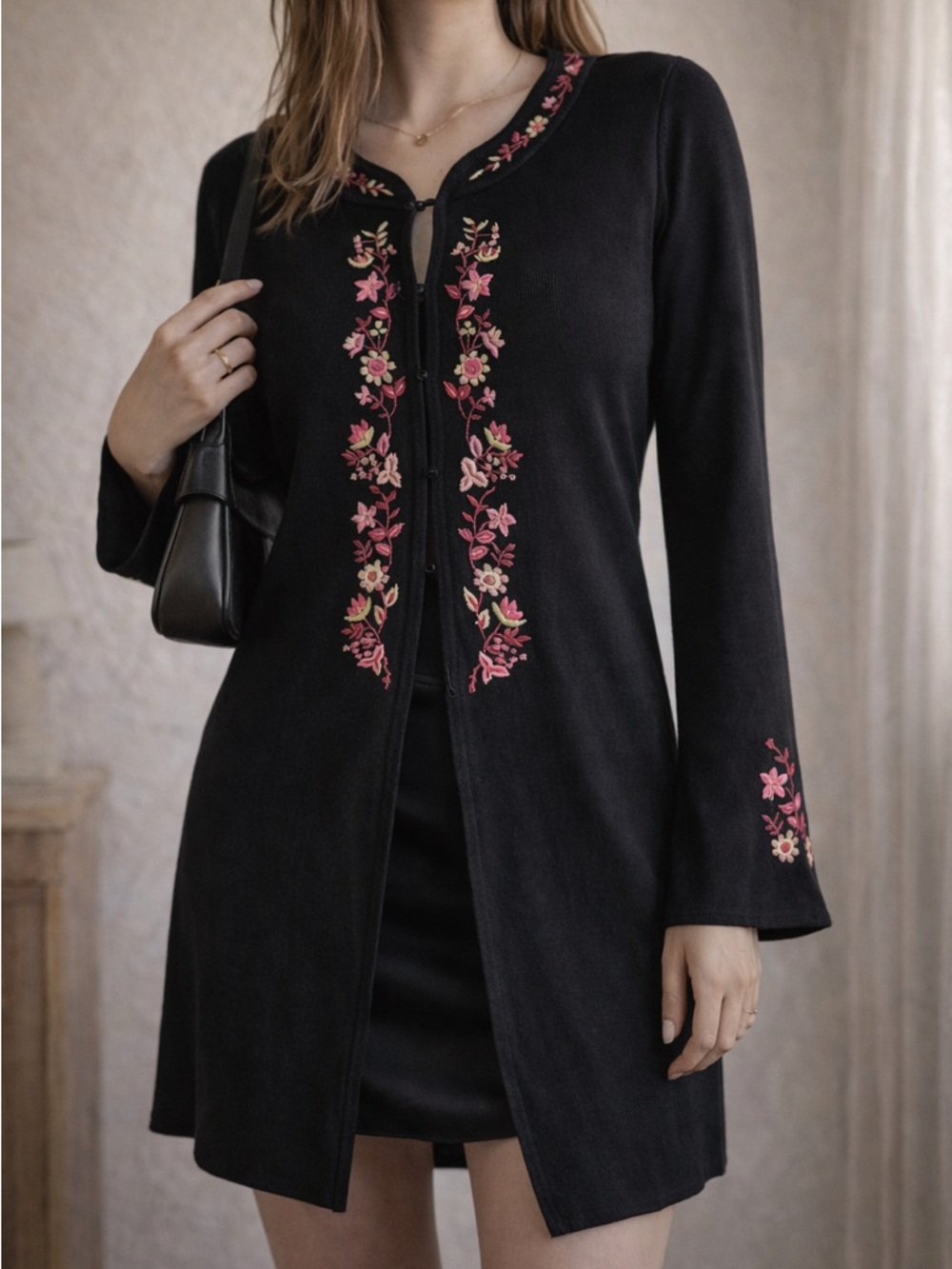 Vintage Black Embroidered Cardigan Floral Coquette Whimsigoth Flare‎ Sleeve Sz M